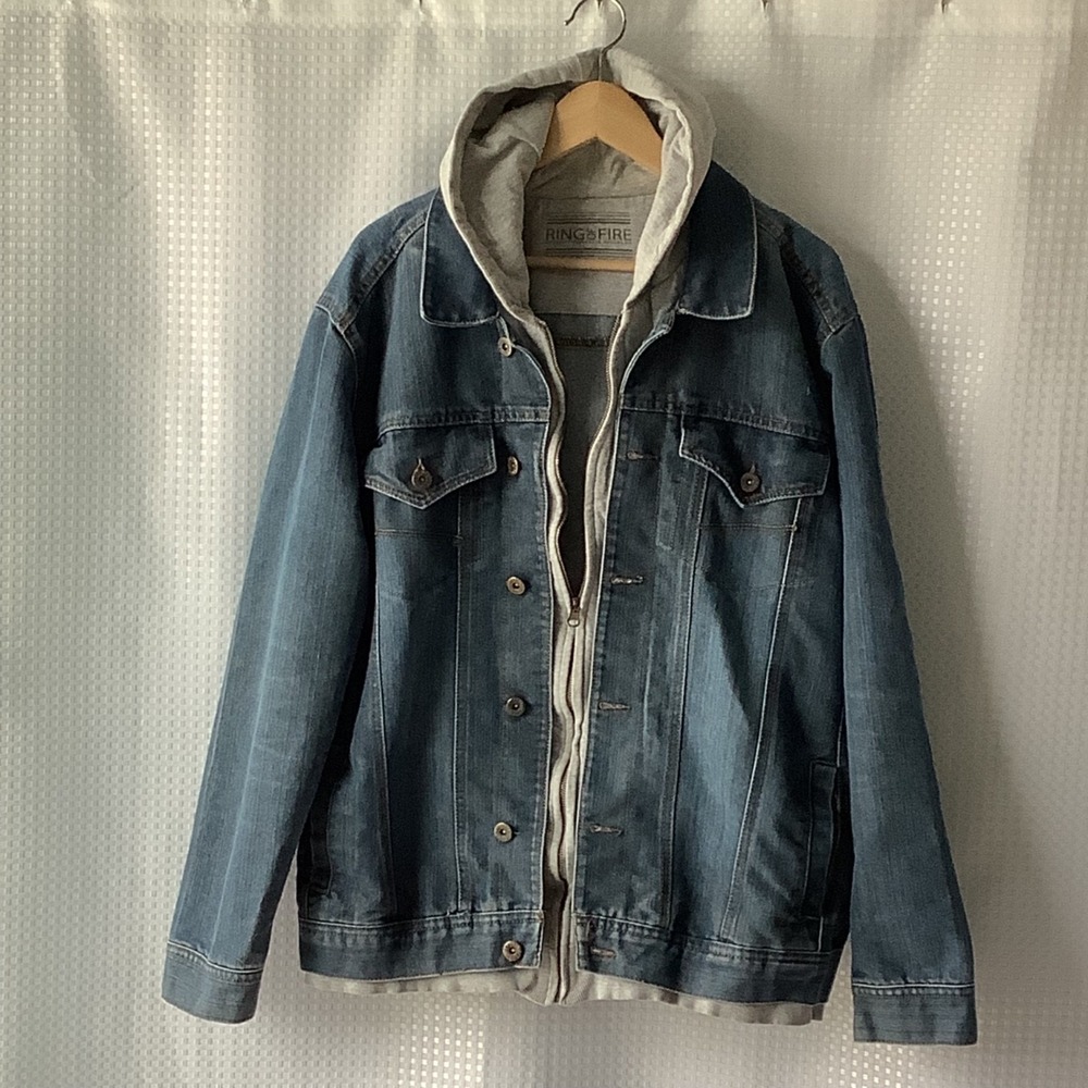 Ring Of Fire Jacket Mens 2XL Blue Denim Gray Hooded Trucker Jean Streetwear